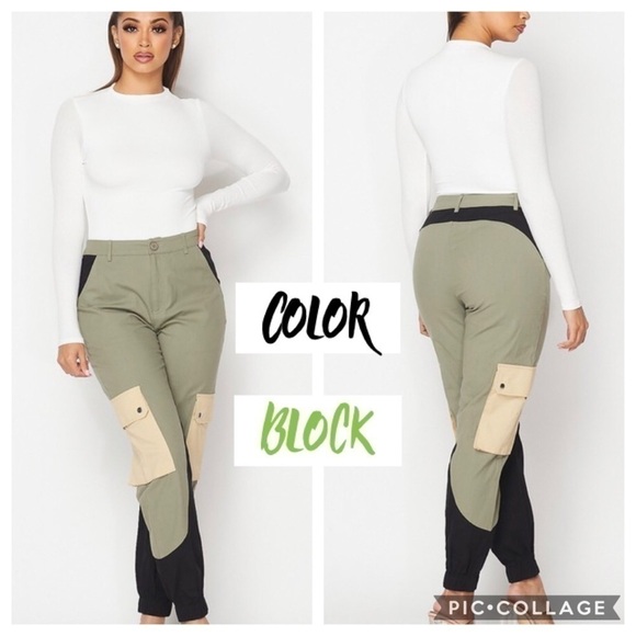 Mint Green Color Block Pants - Picture 1 of 4